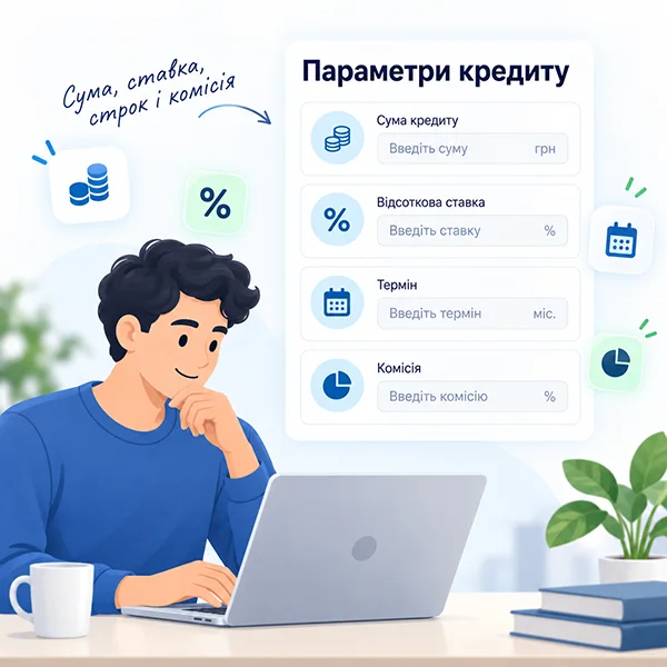 Параметри кредиту для розрахунку: сума, ставка, строк і комісія